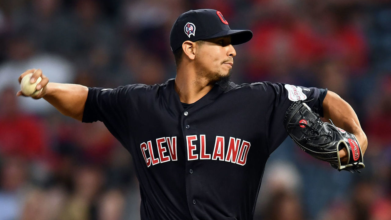 ANAHEIM, CA - SEPTEMBER 11: Cleveland Indians pitcher Carlos Carrasco (59) in action during the fifth inning of a game against the Los Angeles Angels played on September 11, 2019 at Angel Stadium of Anaheim in Anaheim, CA.
