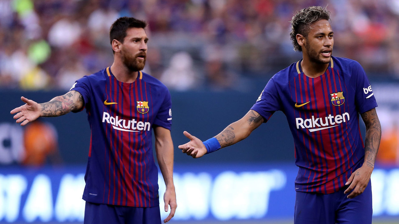 EAST RUTHERFORD, NJ - JULY 22: Lionel Messi #10 and Neymar #11 of Barcelona react to the way Juventus lined up for a kick in the first half during the International Champions Cup 2017 on July 22, 2017 at MetLife Stadium in East Rutherford, New Jersey.