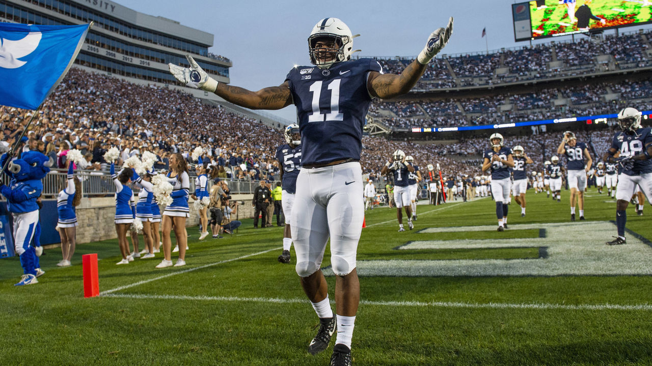 UNIVERSITY PARK, PA - SEPTEMBER 07: Penn State Nittany Lions Linebacker Micah Parsons (11) encourages the fans to get loud prior to the game between the Buffalo Bulls and the Penn State Nittany Lions on September 7,2019, at Beaver Stadium in University Park, PA.