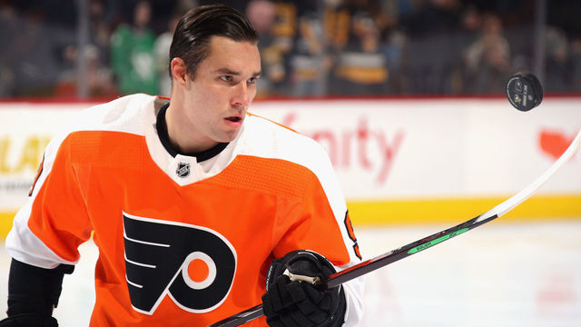 PHILADELPHIA, PENNSYLVANIA - FEBRUARY 11: Ivan Provorov #9 of the Philadelphia Flyers balances the puck on his stick during warm-ups prior to the game against the Pittsburgh Penguins at the Wells Fargo Center on February 11, 2019 in Philadelphia, Pennsylvania.