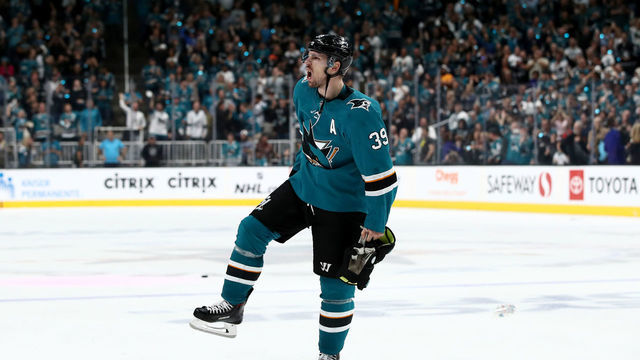 SAN JOSE, CALIFORNIA - APRIL 23: Logan Couture #39 of the San Jose Sharks celebrates after the Sharks beat the Vegas Golden Knights in overtime of Game Seven of the Western Conference First Round during the 2019 NHL Stanley Cup Playoffs at SAP Center on April 23, 2019 in San Jose, California.