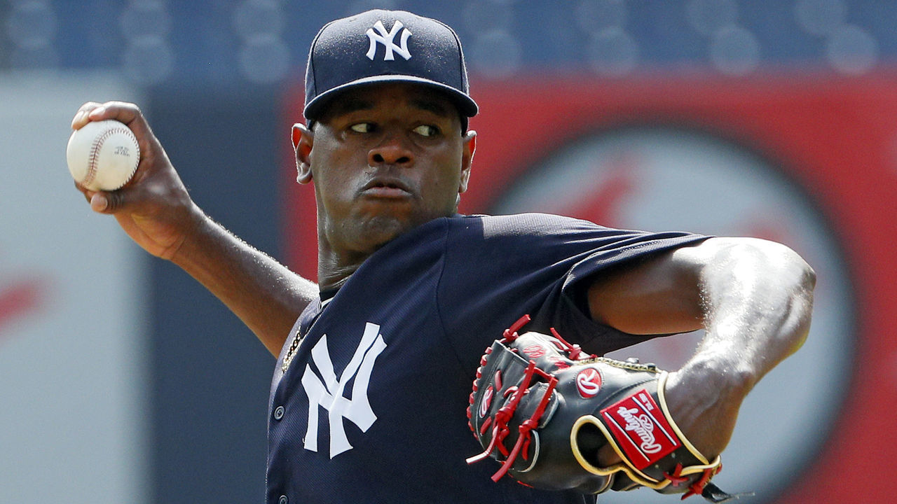 NEW YORK, NY - AUGUST 18: Pitcher Luis Severino of the New York Yankees, who has been out with an injury all season, pitches to batters from the mound in a workout before an MLB baseball game against the Cleveland Indians on August 18, 2019 at Yankee Stadium in the Bronx borough of New York City. Cleveland won 8-4.