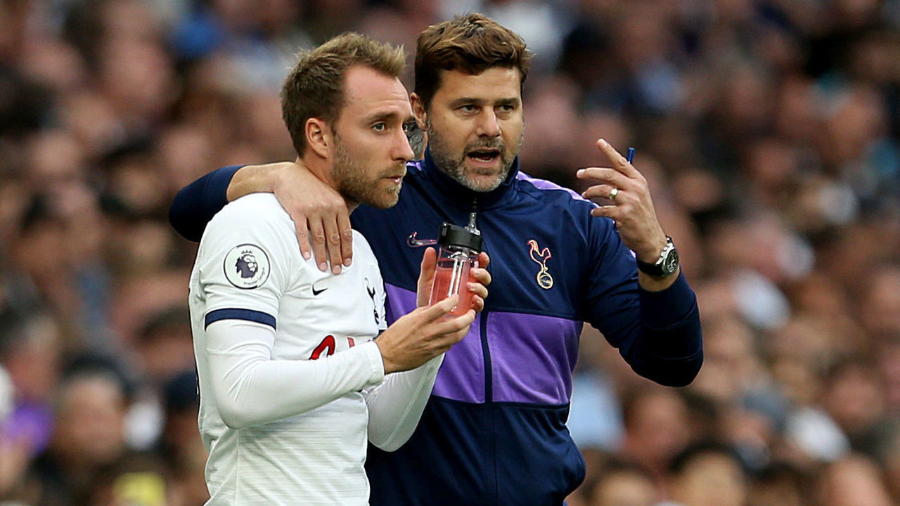Tottenham Hotspur's Christian Eriksen (left) is brought on as a substitute by manager Mauricio Pochettino (right) Tottenham Hotspur v Aston Villa - Premier League - Tottenham Hotspur Stadium 10-08-2019 .