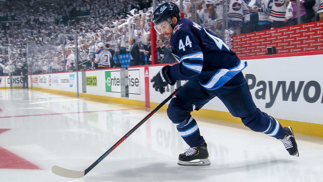 WINNIPEG, MB - APRIL 10: Josh Morrissey #44 of the Winnipeg Jets hits the ice prior to puck drop against the St. Louis Blues in Game One of the Western Conference First Round during the 2019 NHL Stanley Cup Playoffs at the Bell MTS Place on April 10, 2019 in Winnipeg, Manitoba, Canada.