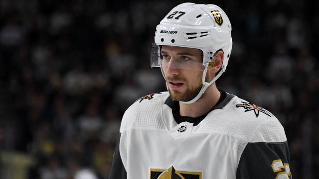 LAS VEGAS, NEVADA - DECEMBER 23: Shea Theodore #27 of the Vegas Golden Knights takes a break during a stop in play in the second period of a game against the Los Angeles Kings at T-Mobile Arena on December 23, 2018 in Las Vegas, Nevada. The Kings defeated the Golden Knights 4-3 in overtime.