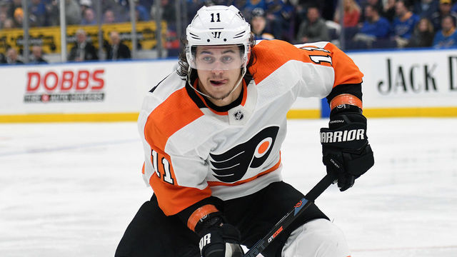 ST. LOUIS, MO - APRIL 04: Philadelphia Flyers rightwing Travis Konecny (11) goes after a loose puck during a NHL game between the Philadelphia Flyers and the St. Louis Blues on April 04, 2019, at Enterprise Center, St. Louis, Mo.