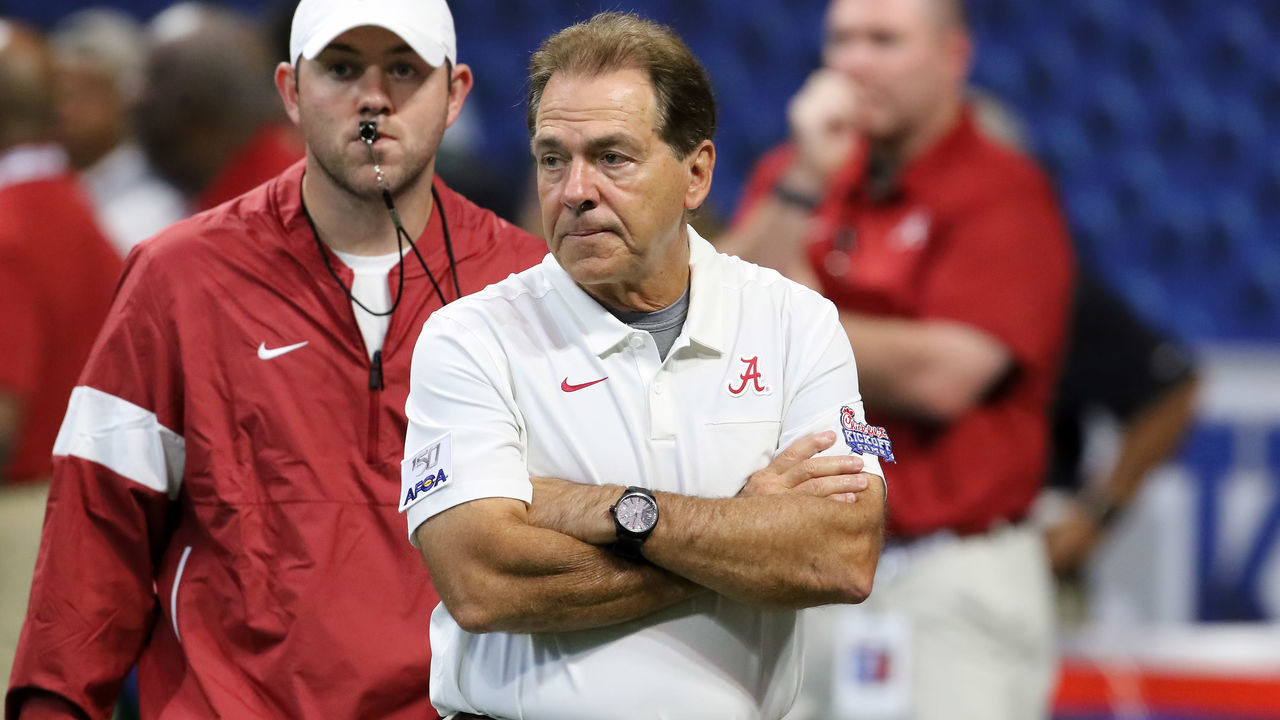 ATLANTA, GA - AUGUST 31: Alabama Crimson Tide head coach Nick Saban watches pre-game warmups for the Chick-fil-A Kickoff Game between the Alabama Crimson Tide and the Duke Blue Devils on August 31, 2019 at Mercedes-Benz Stadium in Atlanta, Georgia.