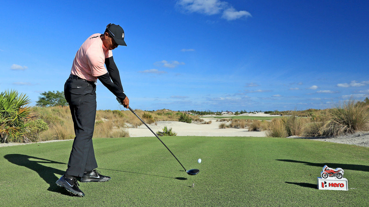NASSAU, BAHAMAS - NOVEMBER 28: Tiger Woods of the United States plays a shot during the pro-am as a preview for the 2018 Hero World Challenge at the Albany Club on November 28, 2018 in Nassau, Bahamas.