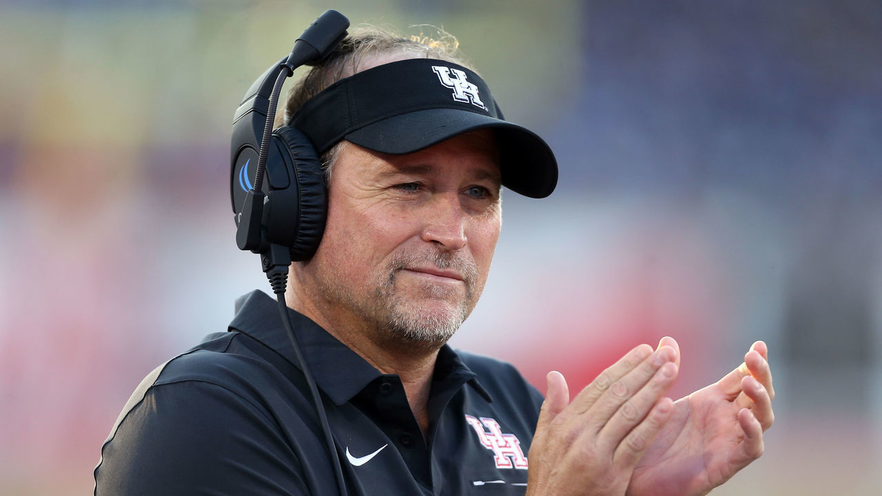 HOUSTON, TEXAS - SEPTEMBER 07: Head coach Dana Holgorsen of the Houston Cougars coaches against the Prairie View A&M Panthers at TDECU Stadium on September 07, 2019 in Houston, Texas.