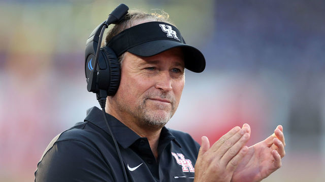 HOUSTON, TEXAS - SEPTEMBER 07: Head coach Dana Holgorsen of the Houston Cougars coaches against the Prairie View A&M Panthers at TDECU Stadium on September 07, 2019 in Houston, Texas.