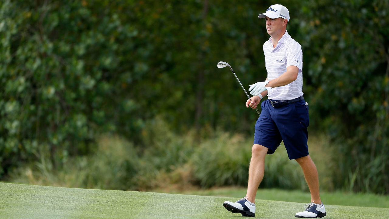 JERSEY CITY, NEW JERSEY - AUGUST 07: Justin Thomas of the United States walks the 17th hole during a practice round of The Northern Trust at Liberty National Golf Club on August 07, 2019 in Jersey City, New Jersey.
