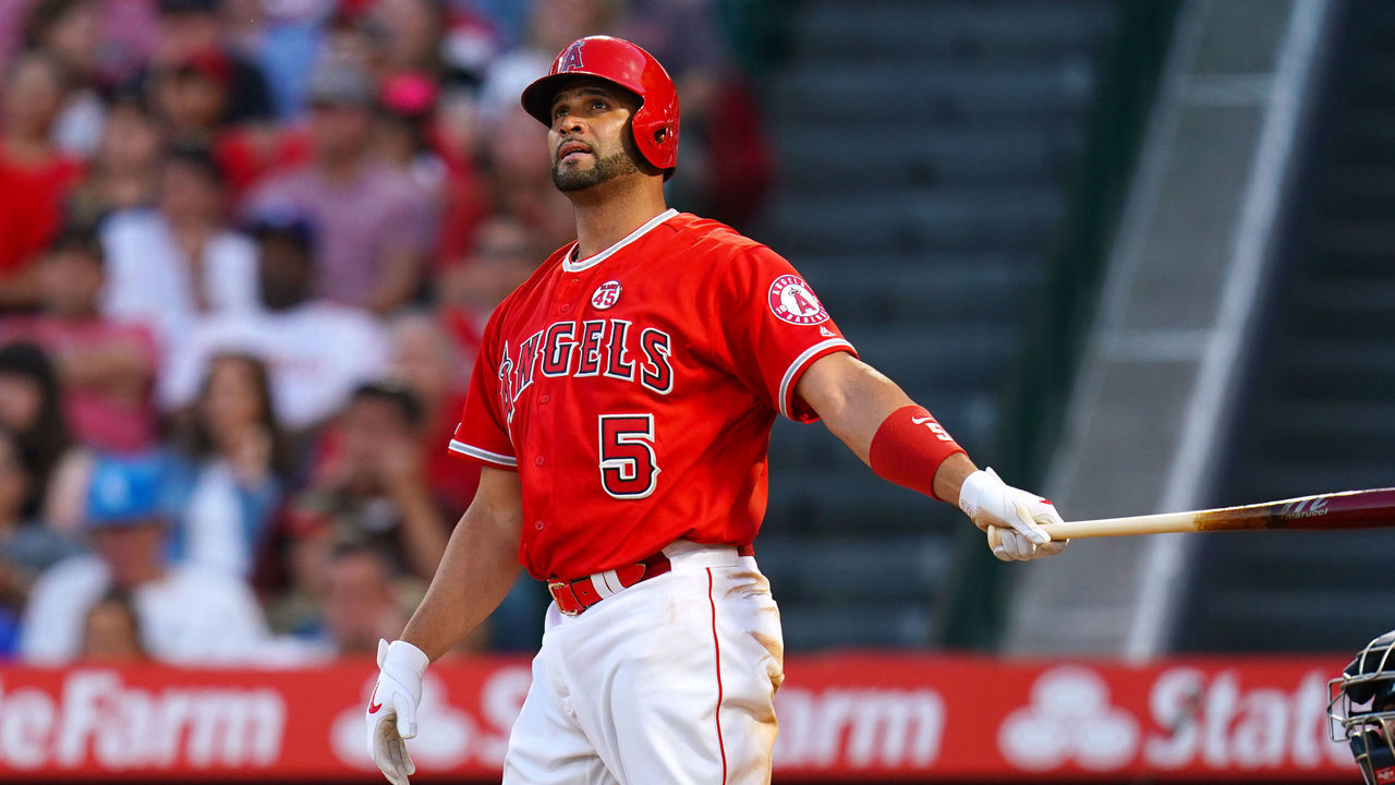 ANAHEIM, CA - JULY 13: Albert Pujols #5 of the Los Angeles Angels of Anaheim looks on during the MLB game between Los Angeles Angels and Seattle Mariners at Angel Stadium of Anaheim on July 13, 2019 in Anaheim, California.