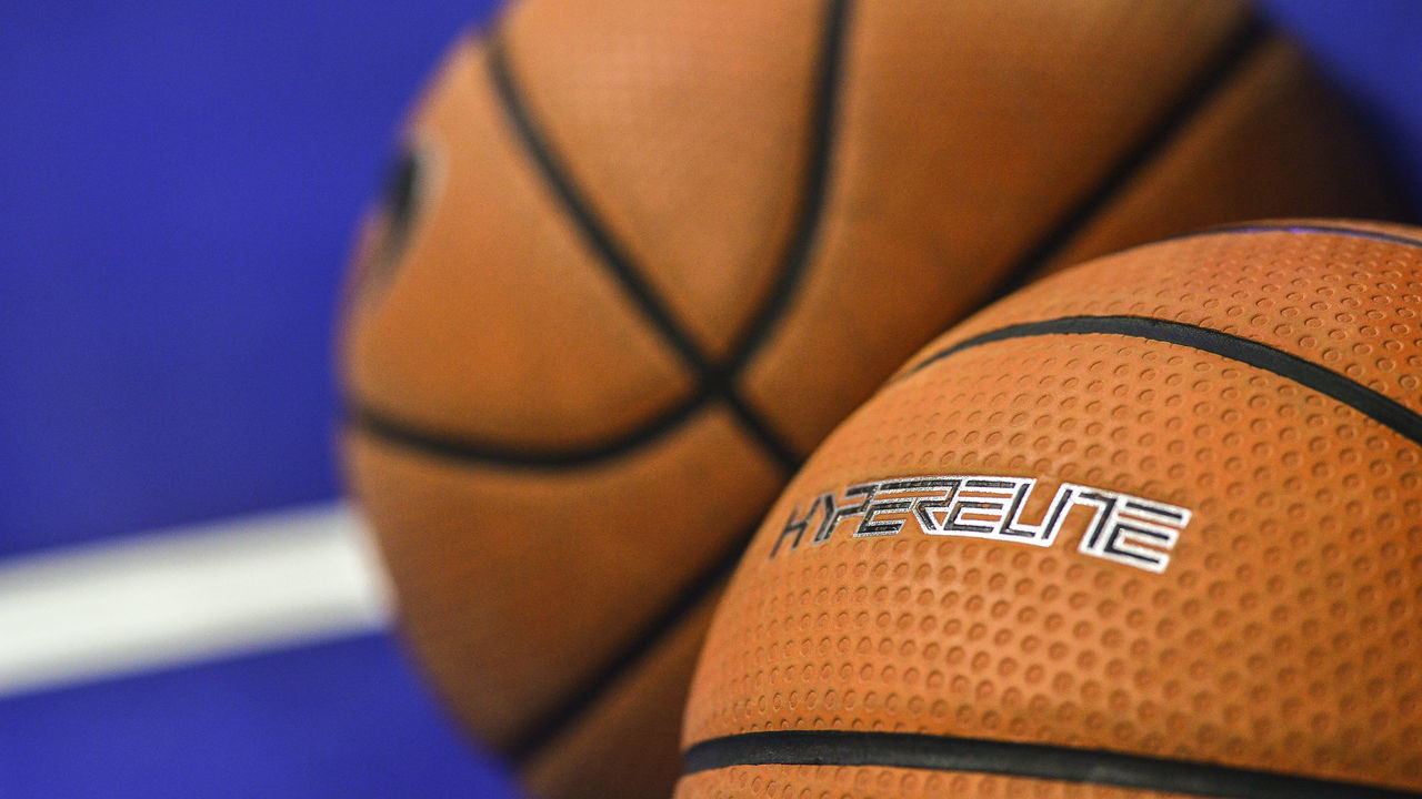 PHILADELPHIA, PA - DECEMBER 10: The Hyperelite logo on the Villanova Wildcats basketball before the college basketball game between the La Salle Explorers and the Villanova Wildcats on December 10, 2017 at the Wells Fargo Center in Philadelphia PA.