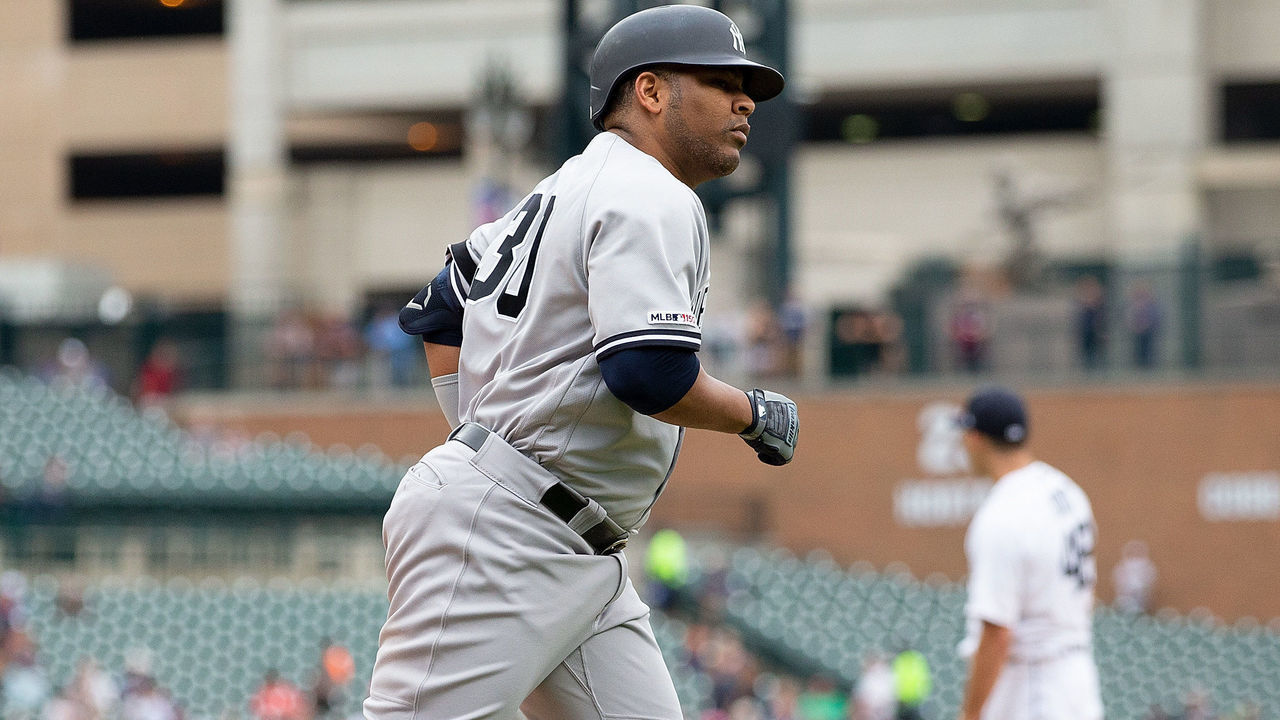 DETROIT, MI - SEPTEMBER 12: Edwin Encarnacion #30 of the New York Yankees rounds the bases on his two-run home run in the third inning of game one of a double header against the Detroit Tigers at Comerica Park on September 12, 2019 in Detroit, Michigan.