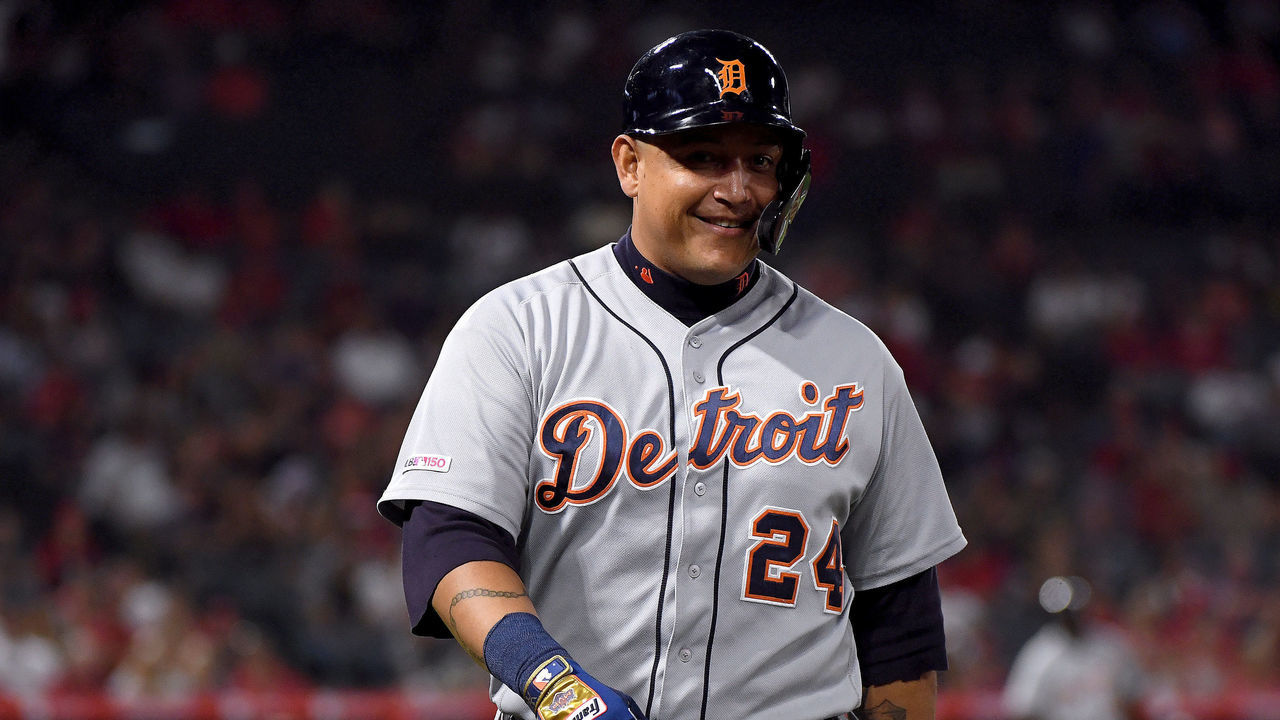ANAHEIM, CALIFORNIA - JULY 29: Miguel Cabrera #24 of the Detroit Tigers reacts to his two run sinlge, to take a 5-2 lead over the Los Angeles Angels, during the eighth inning at Angel Stadium of Anaheim on July 29, 2019 in Anaheim, California.