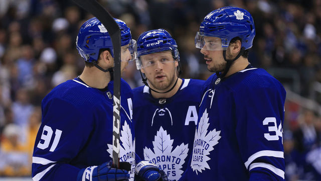 TORONTO, ON-Toronto Maple Leafs John Tavares, Morgan Rielly and Auston Matthews talk before a face off in the Nashville Predators zone in Toronto on Monday (Rene Johnston/Toronto Star) (Rene Johnston/Toronto Star via Getty Images)