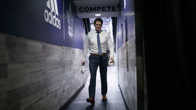 TORONTO, ON - APRIL 21: Mike Babcock head coach of the Toronto Maple Leafs walks to the dressing room before playing the Boston Bruins in Game Six of the Eastern Conference First Round during the 2019 NHL Stanley Cup Playoffs at the Scotiabank Arena on April 21, 2019 in Toronto, Ontario, Canada.