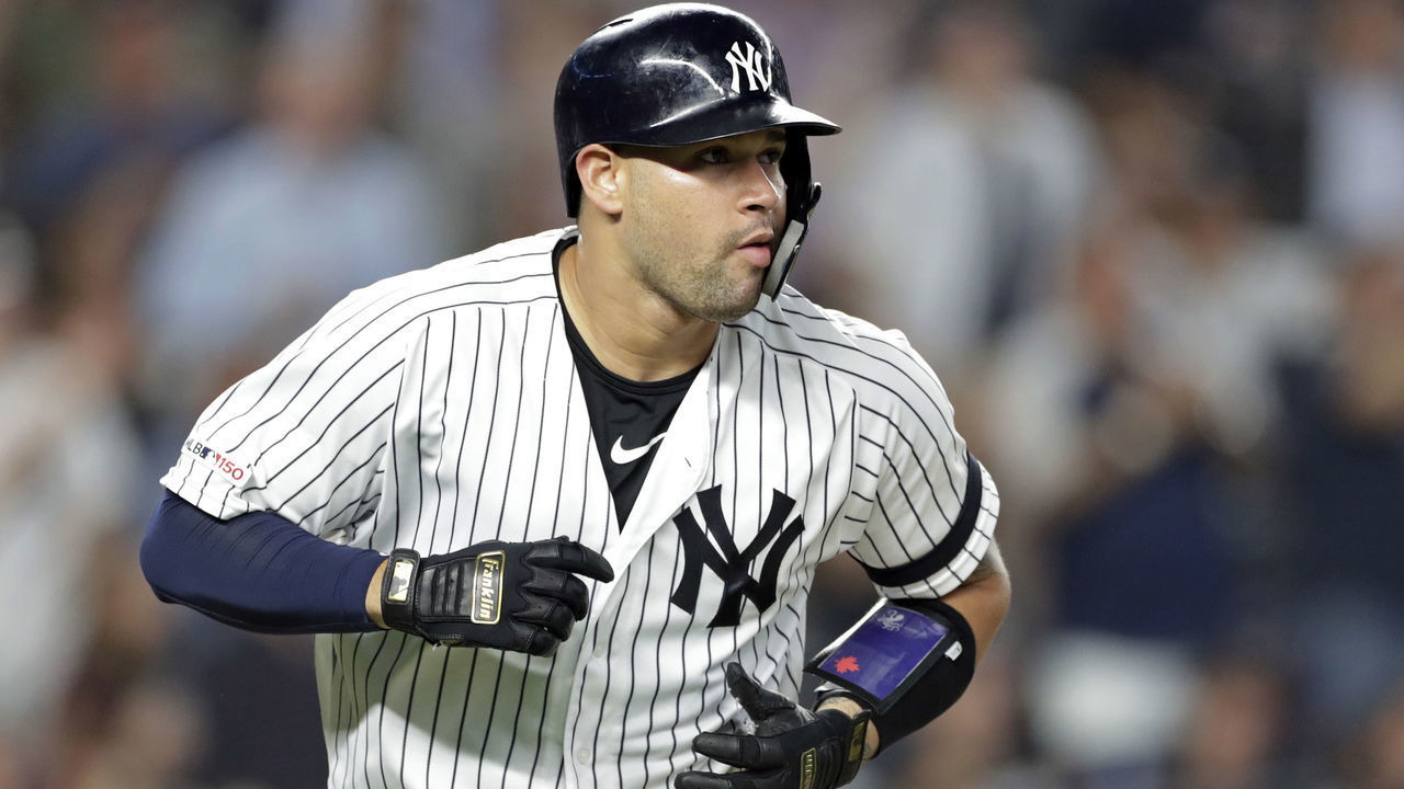 NEW YORK, NY - SEPTEMBER 3: Gary Sanchez #24 of the New York Yankees watches his solo home run against the Texas Rangers during the sixth inning at Yankee Stadium on September 3, 2019 in the Bronx borough of New York City.