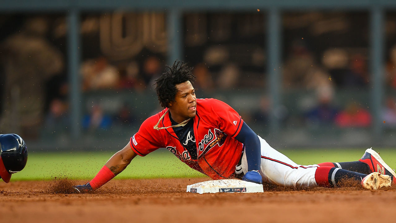 ATLANTA, GA AUGUST 16: Atlanta Braves outfielder Ronald Acuna Jr. (13) steals second base during the MLB game between the Los Angeles Dodgers and the Atlanta Braves on August 16th, 2019 at SunTrust Park in Atlanta, GA.