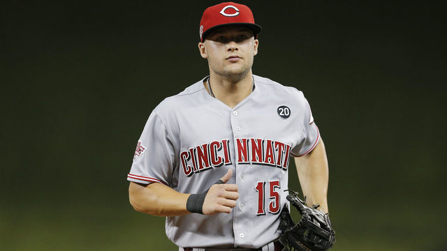 MIAMI, FLORIDA - AUGUST 28: Nick Senzel #15 of the Cincinnati Reds in action against the Miami Marlins at Marlins Park on August 28, 2019 in Miami, Florida.