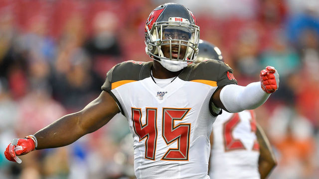 TAMPA, FL - AUGUST 16: Tampa Bay Buccaneers inside linebacker Devin White (45) during the first half of an NFL preseason game between the Miami Dolphins and the Tampa Bay Bucs on August 16, 2019, at Raymond James Stadium in Tampa, FL.