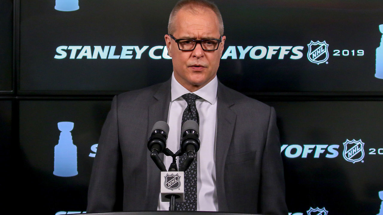 WINNIPEG, MB - APRIL 18: Head Coach Paul Maurice of the Winnipeg Jets answers questions during the post-game press conference following a 3-2 loss against the St. Louis Blues in Game Five of the Western Conference First Round during the 2019 NHL Stanley Cup Playoffs at the Bell MTS Place on April 18, 2019 in Winnipeg, Manitoba, Canada. The Blues lead the series 3-2.