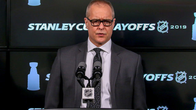 WINNIPEG, MB - APRIL 18: Head Coach Paul Maurice of the Winnipeg Jets answers questions during the post-game press conference following a 3-2 loss against the St. Louis Blues in Game Five of the Western Conference First Round during the 2019 NHL Stanley Cup Playoffs at the Bell MTS Place on April 18, 2019 in Winnipeg, Manitoba, Canada. The Blues lead the series 3-2.