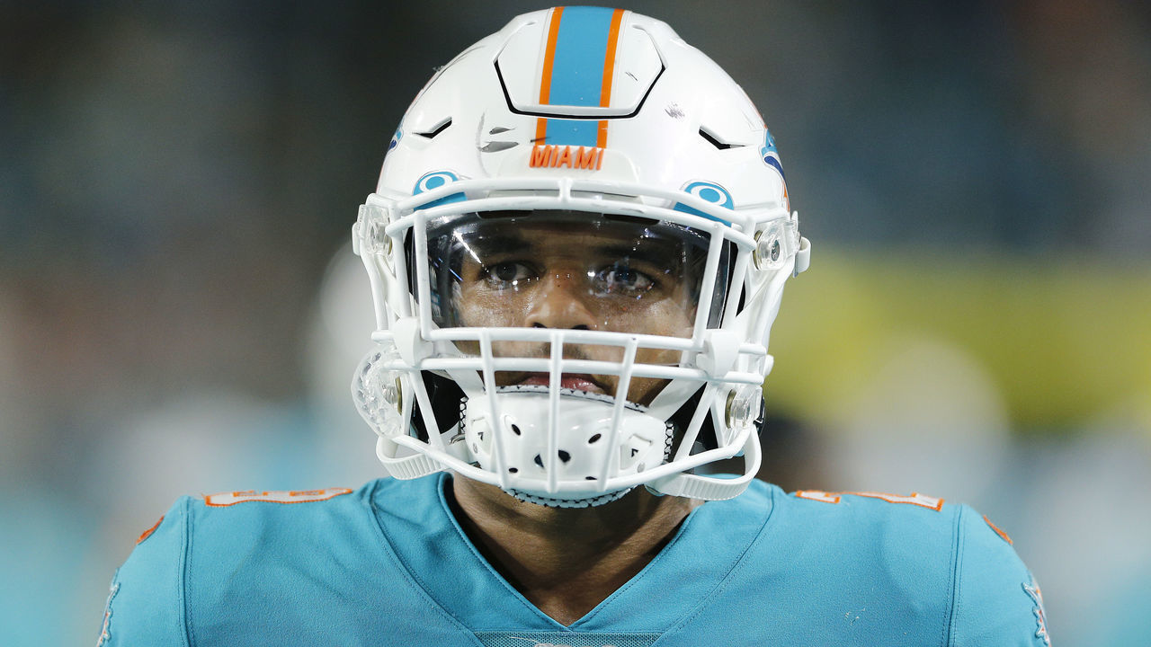 MIAMI, FLORIDA - AUGUST 22: Minkah Fitzpatrick #29 of the Miami Dolphins looks on against the Jacksonville Jaguars during the preseason game at Hard Rock Stadium on August 22, 2019 in Miami, Florida.