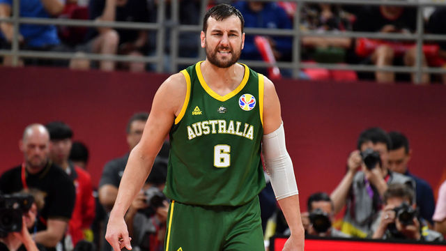 BEIJING, CHINA - SEPTEMBER 13: Andrew Bogut #6 of Australia reacts against Spain during the 2019 FIBA World Cup Semi-Finals at the Wukesong Sport Arena on September 13, 2019 in Beijing, China. NOTE TO USER: User expressly acknowledges and agrees that, by downloading and/or using this Photograph, user is consenting to the terms and conditions of the Getty Images License Agreement. Mandatory Copyright Notice: Copyright 2019 NBAE