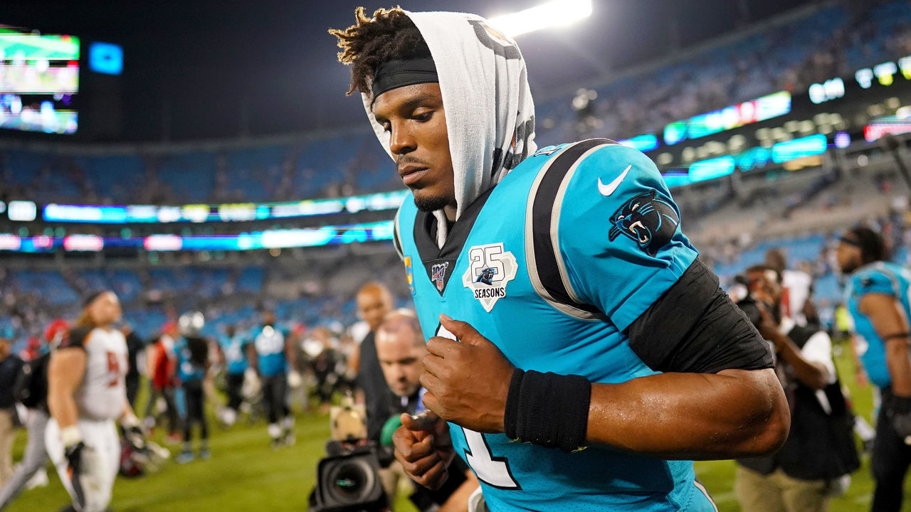 CHARLOTTE, NORTH CAROLINA - SEPTEMBER 12: Cam Newton #1 of the Carolina Panthers runs off the field after their game against the Tampa Bay Buccaneers at Bank of America Stadium on September 12, 2019 in Charlotte, North Carolina.