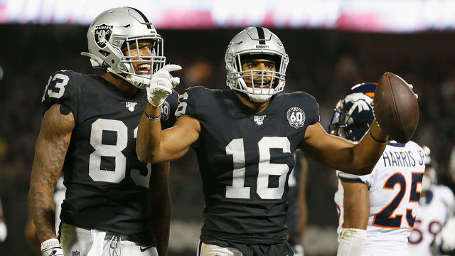 OAKLAND, CALIFORNIA - SEPTEMBER 09: Tyrell Williams #16 of the Oakland Raiders reacts after making a play for first down in the fourth quarter against the Denver Broncos at RingCentral Coliseum on September 09, 2019 in Oakland, California.