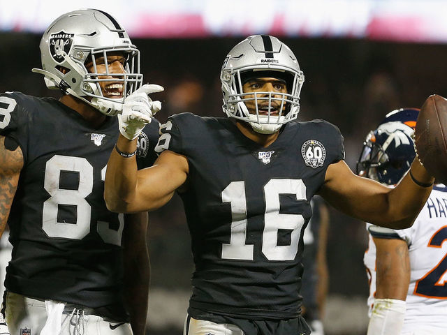 OAKLAND, CALIFORNIA - SEPTEMBER 09: Tyrell Williams #16 of the Oakland Raiders reacts after making a play for first down in the fourth quarter against the Denver Broncos at RingCentral Coliseum on September 09, 2019 in Oakland, California.