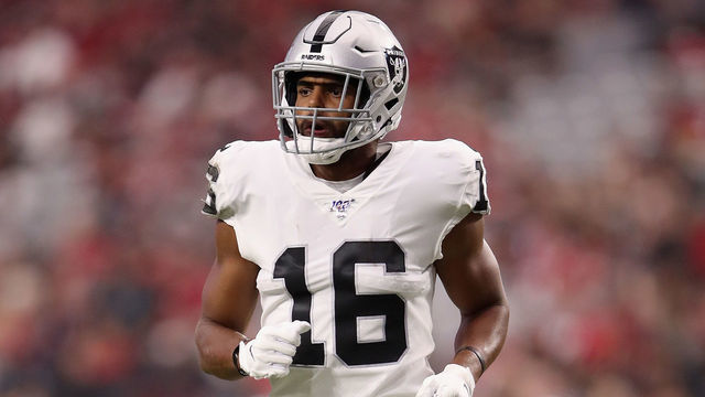 GLENDALE, ARIZONA - AUGUST 15: Wide receiver Tyrell Williams #16 of the Oakland Raiders during the first half of the NFL preseason game against the Arizona Cardinals at State Farm Stadium on August 15, 2019 in Glendale, Arizona.