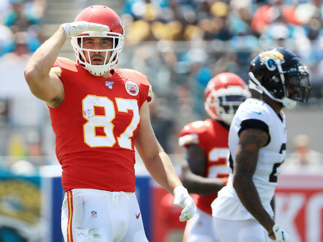 JACKSONVILLE, FLORIDA - SEPTEMBER 08: tight end Travis Kelce #87 of the Kansas City Chiefs reacts in the first quarter against the Jacksonville Jaguars at TIAA Bank Field on September 08, 2019 in Jacksonville, Florida.