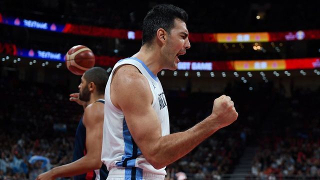 Argentina's Luis Scola reacts during the Basketball World Cup semi-final game between Argentina and France in Beijing on September 13, 2019.