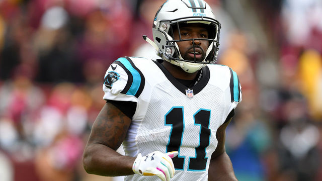 LANDOVER, MD - OCTOBER 14: Torrey Smith #11 of the Carolina Panthers runs off the field during the game against the Washington Redskins at FedExField on October 14, 2018 in Landover, Maryland.