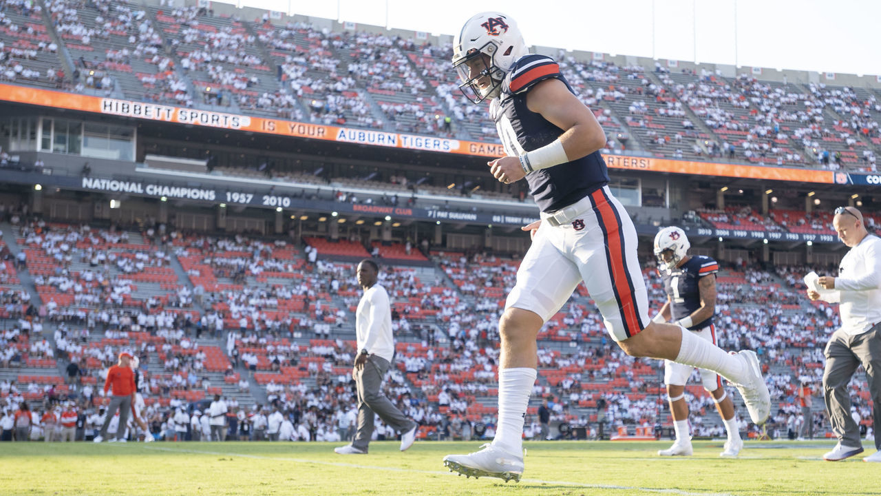AUBURN, AL - SEPTEMBER 07: Quarterback Bo Nix #10 of the Auburn Tigers prior to their game against the Tulane Green Wave at Jordan-Hare Stadium on September 7, 2019 in Auburn, Alabama.