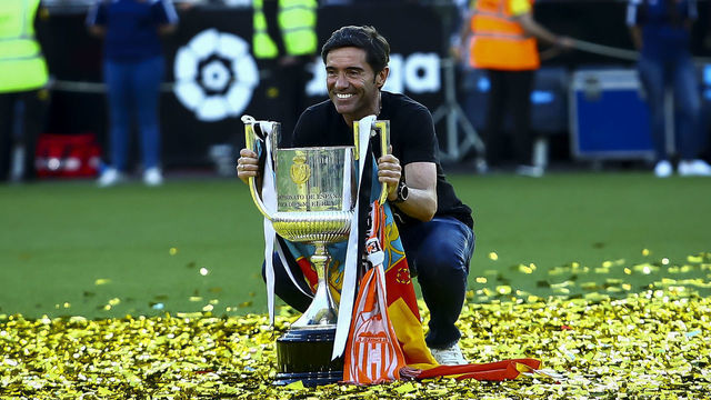 Head coach of Valencia cf Team Marcelino Garcia Toral celebrates with all the fans the triumph of the cup of the king 2019 at Mestalla Stadium on May 26, 2019 in Valencia, Spain.