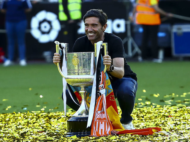 Head coach of Valencia cf Team Marcelino Garcia Toral celebrates with all the fans the triumph of the cup of the king 2019 at Mestalla Stadium on May 26, 2019 in Valencia, Spain.