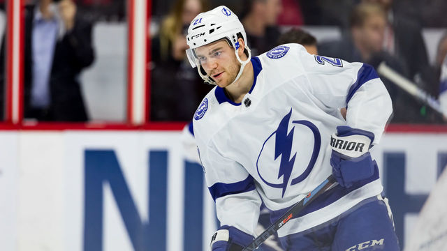OTTAWA, ON - APRIL 01: Tampa Bay Lightning Center Brayden Point (21) during warm-up before National Hockey League action between the Tampa Bay Lightning and Ottawa Senators on April 1, 2019, at Canadian Tire Centre in Ottawa, ON, Canada.