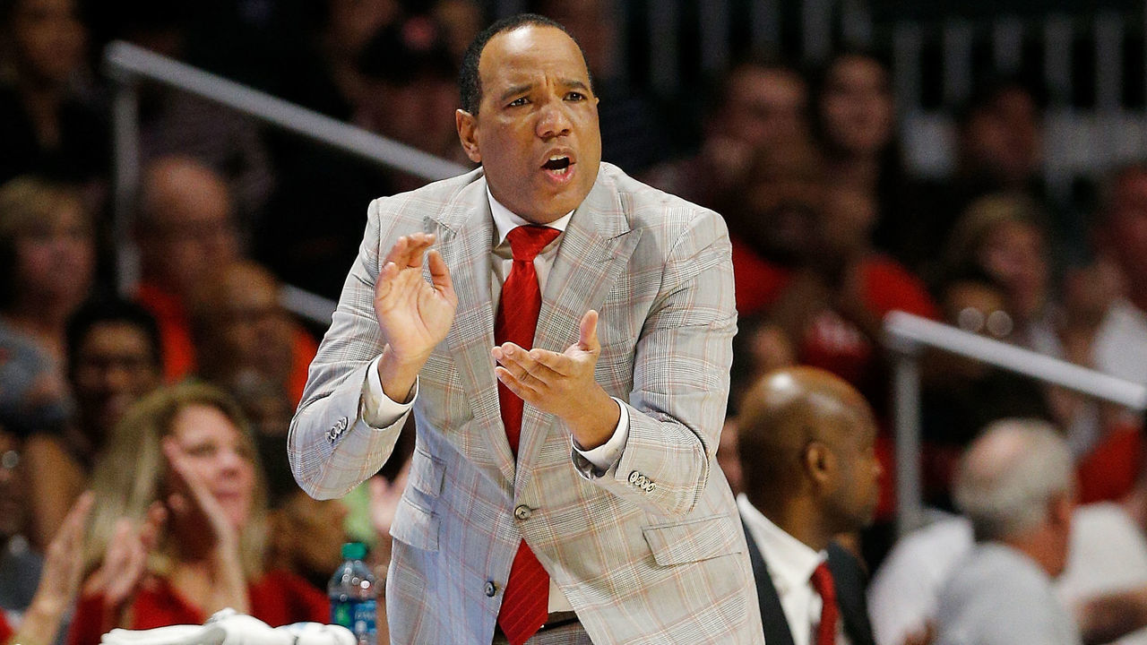 MIAMI, FL - JANUARY 03: Head coach Kevin Keatts of the North Carolina State Wolfpack against the Miami Hurricanes during the second half at Watsco Center on January 3, 2019 in Miami, Florida.