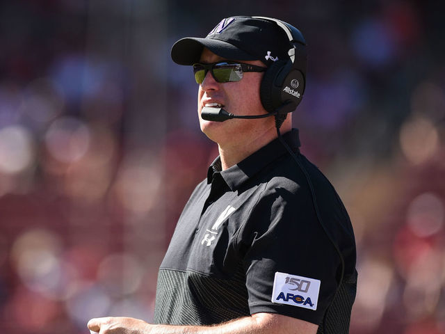 PALO ALTO, CA - AUGUST 31: Northwestern Wildcats head coach Pat Fitzgerald during the college football game between the Northwestern Wildcats and the Stanford Cardinal at Stanford Stadium on August 31, 2019 in Palo Alto, CA.