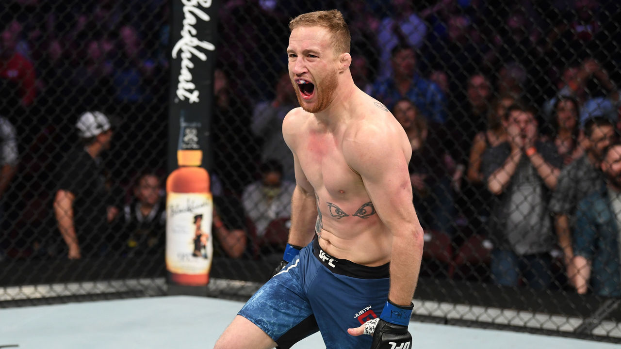 PHILADELPHIA, PA - MARCH 30: Justin Gaethje reacts after knocking out Edson Barboza of Brazil in their lightweight bout during the UFC Fight Night event at Wells Fargo Center on March 30, 2019 in Philadelphia, Pennsylvania.