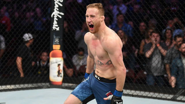 PHILADELPHIA, PA - MARCH 30: Justin Gaethje reacts after knocking out Edson Barboza of Brazil in their lightweight bout during the UFC Fight Night event at Wells Fargo Center on March 30, 2019 in Philadelphia, Pennsylvania.