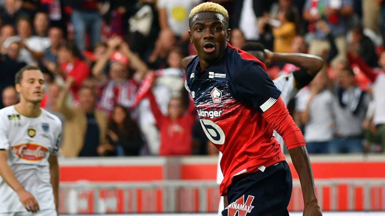 Lille's Nigerian forward Victor Osimhen reacts after he scored a goal during the French L1 football match between Lille (LOSC) and Angers (SCO) at the Pierre-Mauroy Stadium in Villeneuve d'Ascq on September 13, 2019.