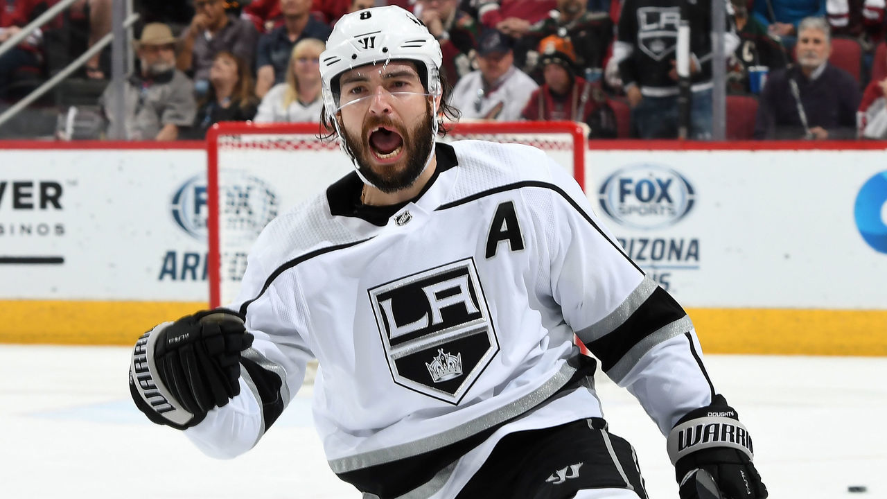GLENDALE, AZ - APRIL 02: Drew Doughty #8 of the Los Angeles Kings celebrates after scoring an empty net goal against the Arizona Coyotes during the third period at Gila River Arena on April 2, 2019 in Glendale, Arizona.