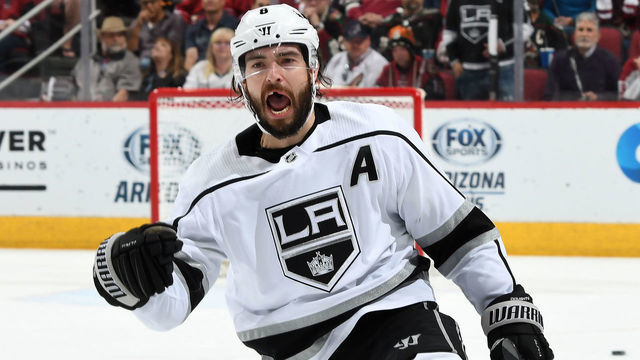 GLENDALE, AZ - APRIL 02: Drew Doughty #8 of the Los Angeles Kings celebrates after scoring an empty net goal against the Arizona Coyotes during the third period at Gila River Arena on April 2, 2019 in Glendale, Arizona.
