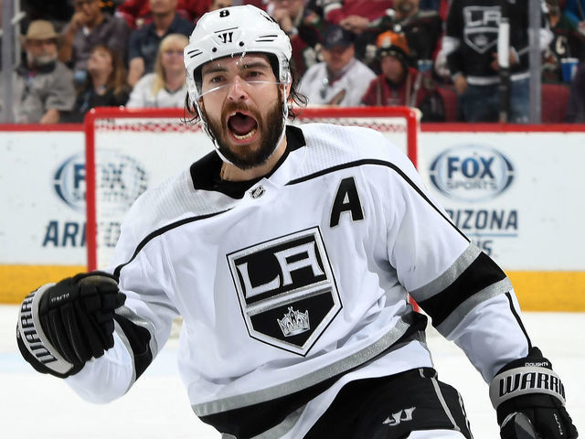 GLENDALE, AZ - APRIL 02: Drew Doughty #8 of the Los Angeles Kings celebrates after scoring an empty net goal against the Arizona Coyotes during the third period at Gila River Arena on April 2, 2019 in Glendale, Arizona.