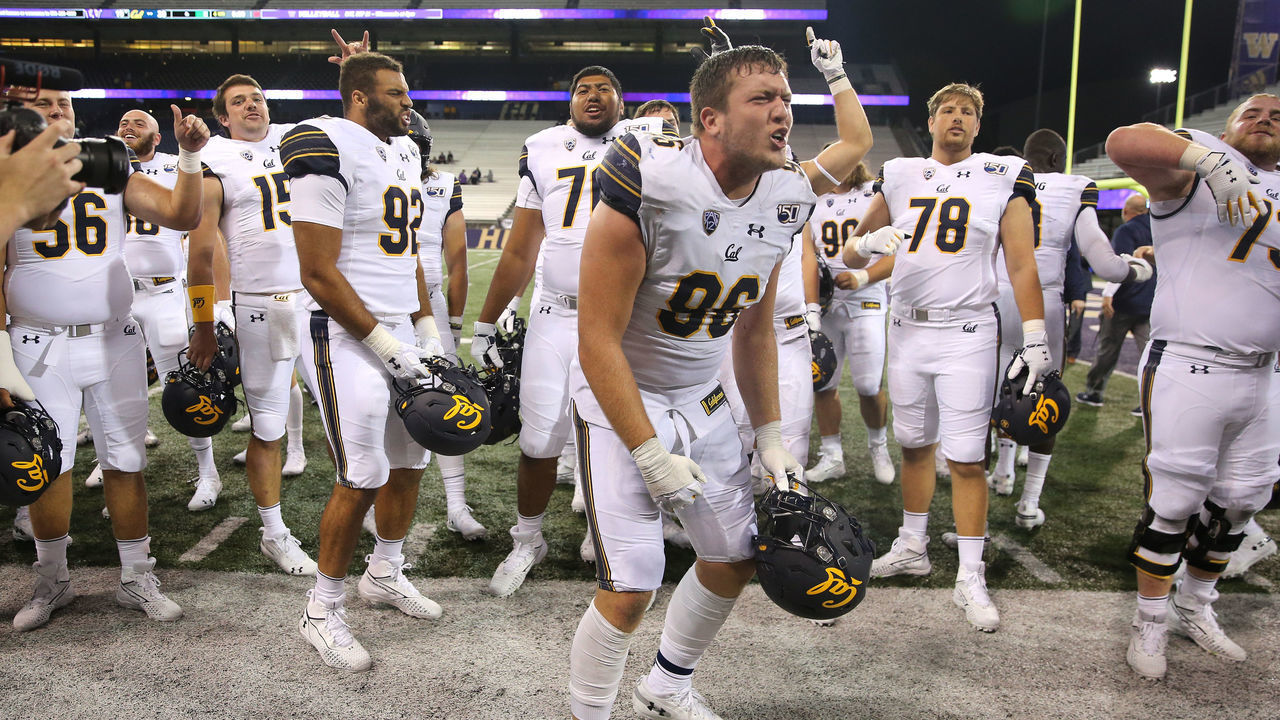 SEATTLE, WASHINGTON - SEPTEMBER 07: The California Golden Bears celebrate after defeating the Washington Huskies 20-19 during their game at Husky Stadium on September 07, 2019 in Seattle, Washington.
