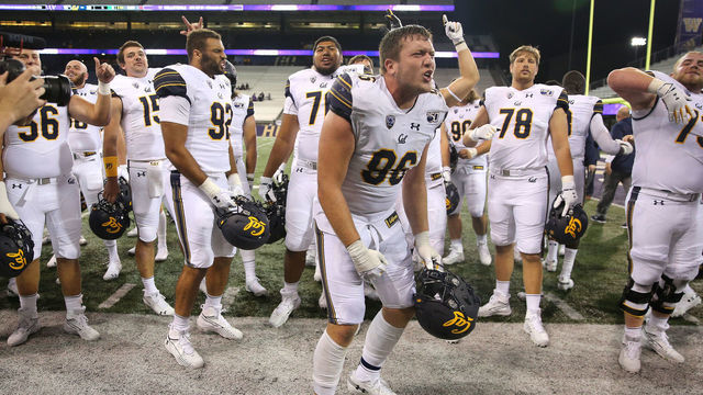 SEATTLE, WASHINGTON - SEPTEMBER 07: The California Golden Bears celebrate after defeating the Washington Huskies 20-19 during their game at Husky Stadium on September 07, 2019 in Seattle, Washington.